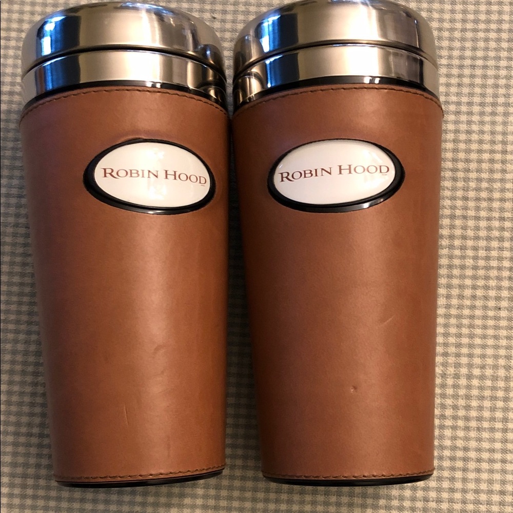 Robin Hood 2010 Movie Promo Travel Mugs Metal & Brown Leather Sleeve 12oz #926